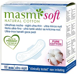Masmi Natural Cotton Ультратонкие ночные гигиенические прокладки Soft из натурального хлопка 10 шт