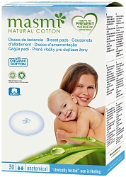 Masmi Natural Cotton Впитывающие вкладыши для груди из органического хлопка для кормящих матерей 30 шт