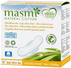 Masmi Natural Cotton Ультратонкие дневные гигиенические прокладки с крылышками из органического хлопка в индивидуальной упаковке 10 шт