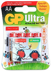 GP Алкалиновые батарейки Ultra Alkaline 15А AA 4 шт на блистере Подари жизнь