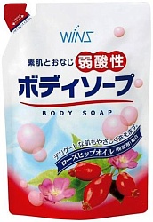 Nihon Смягчающее крем-мыло для тела с коллагеном и лауриновой кислотой Wins Mild Acidity body soup с экстрактом шиповника мягкая упаковка 400 мл