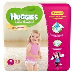 Huggies подгузники для девочек Ultra Comfort размер 5 12-22 кг 36 шт.