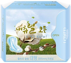 NaturalKorea Natural Cotton Ультратонкие дышащие прокладки с крылышками на критические дни 5 капель 28,5 см 6 шт