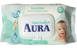 Aura Влажные салфетки для детей Ultra Comfort с экстрактом алоэ и витамином Е с крышкой 120 шт