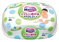 MERRIES Детские влажные салфетки Flushable, пластиковый контейнер 64 шт.