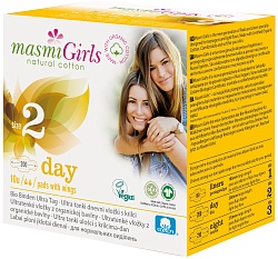 Masmi Girls Ультратонкие дневные гигиенические прокладки с крылышками для подростков из органического хлопка 200 мм в индивидуальной упаковке 10 шт