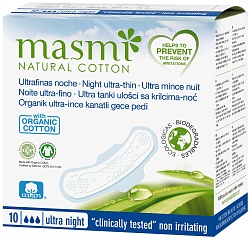 Masmi Natural Cotton Ультратонкие ночные гигиенические прокладки с крылышками из органического хлопка в индивидуальной упаковке 10 шт