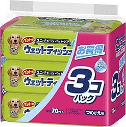 Unicharm Салфетки влажные для домашних животных мягкая упаковка 70 шт * 3