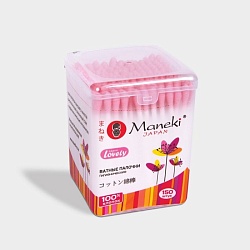 Maneki Палочки ватные гигиенические серия Lovely с розовым аппликатором и бумажным стиком в пластиковой коробке 150 шт./упаковка