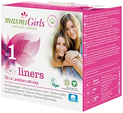 Masmi Girls Ультратонкие ежедневные гигиенические прокладки с крылышками для подростков из органического хлопка 180 мм в индивидуальной упаковке 12 шт