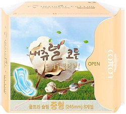 NaturalKorea Natural Cotton Ультратонкие дышащие прокладки с крылышками на критические дни 4 капли 24,5 см 8 шт