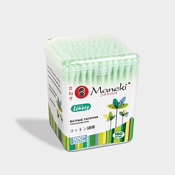 Maneki Палочки ватные гигиенические серия Lovely с зелёным аппликатором и бумажным стиком в пластиковой коробке 150 шт./упаковка