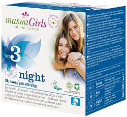 Masmi Girls Ультратонкие ночные гигиенические прокладки с крылышками для подростков из органического хлопка 210 мм в индивидуальной упаковке 10 шт