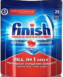Finish Max super charged Cредство для мытья посуды в посудомоечных машинах All in 1 25 таблеток